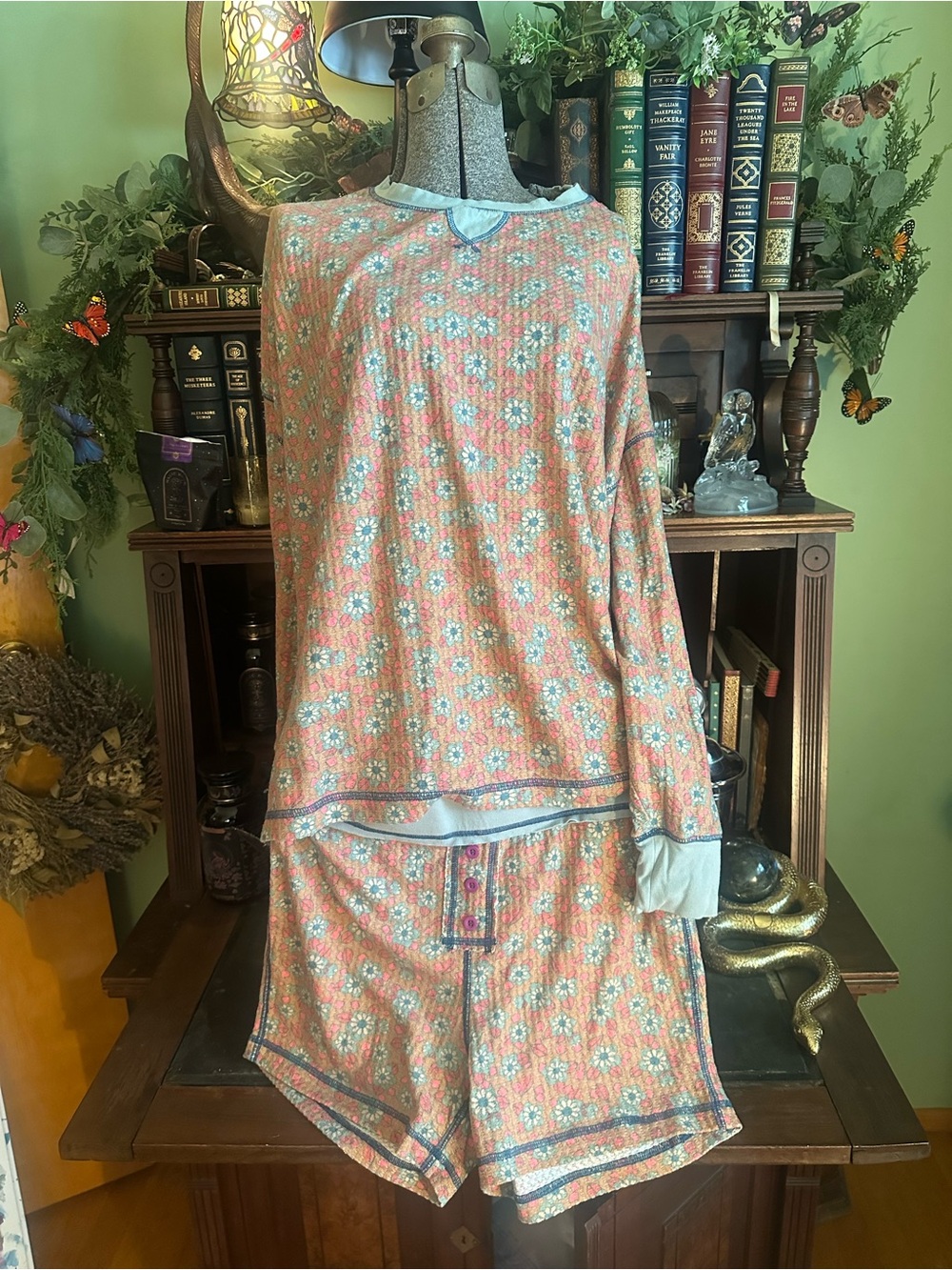 NATURAL LIFE PJ Lounge set Pink Blue Flowers Size Medium Oversized Top